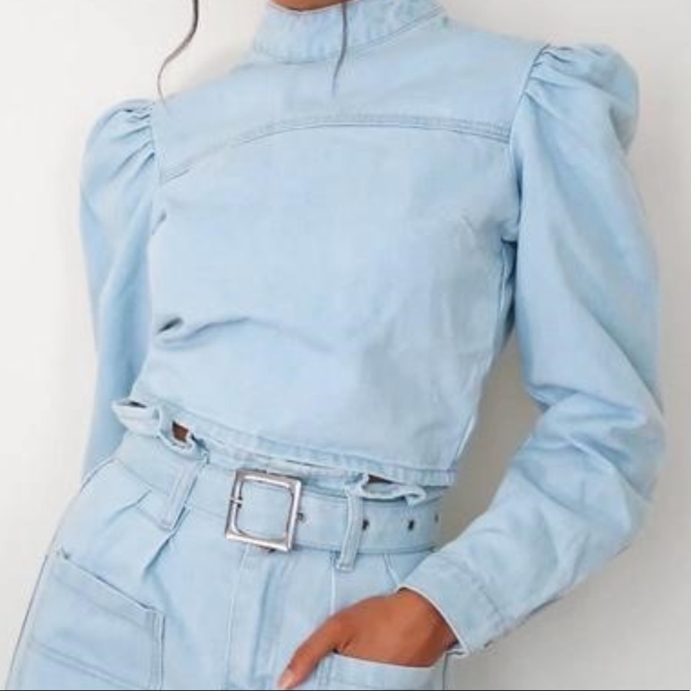 High Neck Puff Sleeve Denim Top